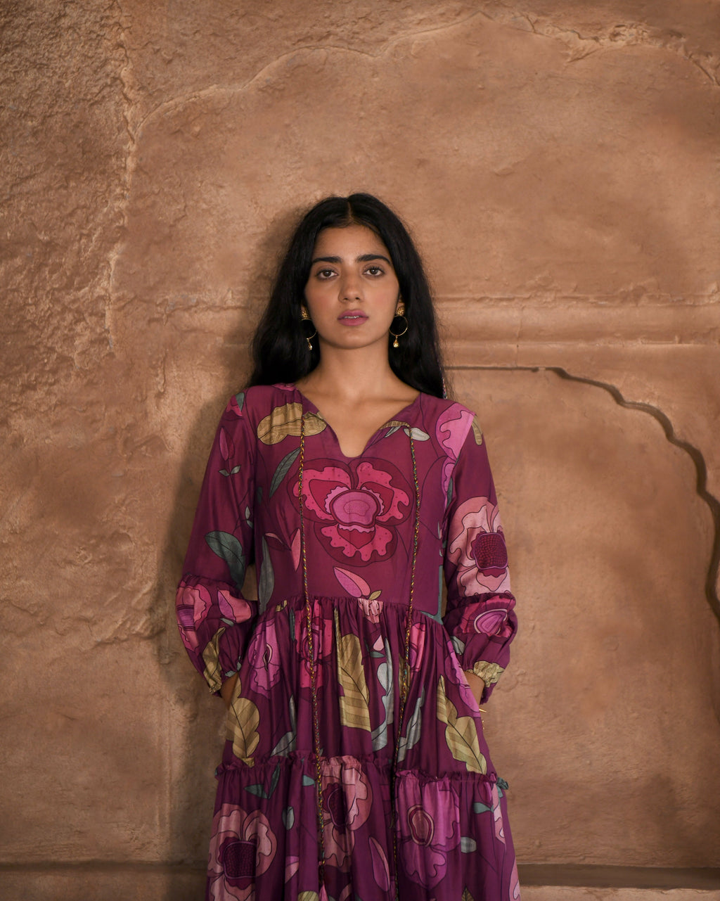 Red Maxi Dress at Kamakhyaa by Taro. This item is Azo Free Dyes, Best Selling, Chanderi Silk, FB ADS JUNE, Floral, Fusion Wear, Garden Of Dreams, July Sale, July Sale 2023, Maxi Dresses, Prints, Purple, Relaxed Fit, Tiered Dresses, Womenswear