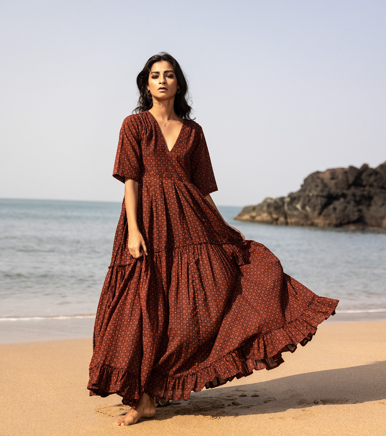 Red Maxi Dress: When dresses make our inner child come out 🍁 at Kamakhyaa by Khara Kapas. This item is Cotton, Maxi Dresses, Natural, Oh Carol, Red, Regular Fit, Resort Wear, Solids, Tiered Dresses, Womenswear
