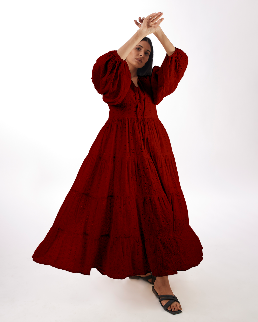 Red Maxi Tiered Dress at Kamakhyaa by Kamakhyaa. This item is 100% pure cotton, Casual Wear, FB ADS JUNE, KKYSS, Natural, Red, Relaxed Fit, Solids, Summer Sutra, Tiered Dresses, Womenswear