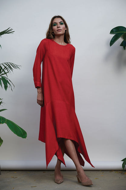 Red Midi Dress at Kamakhyaa by Kanelle. This item is Best Selling, Bold is beautiful, Casual Wear, For Birthday, July Sale, Midi Dresses, Natural with azo dyes, Red, Relaxed Fit, Solids, Viscose, Womenswear