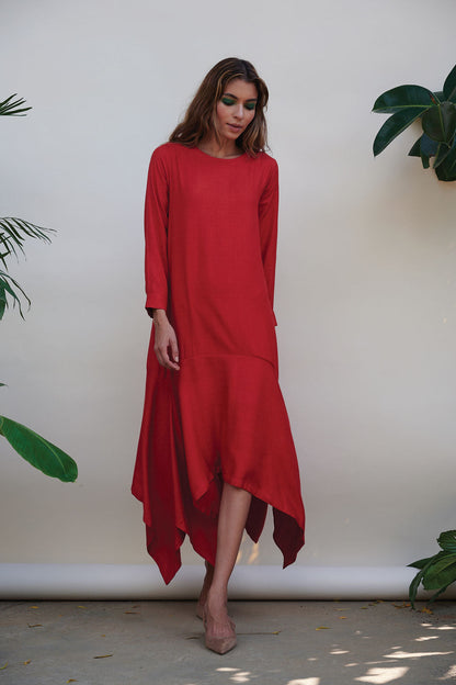Red Midi Dress at Kamakhyaa by Kanelle. This item is Best Selling, Bold is beautiful, Casual Wear, For Birthday, July Sale, Midi Dresses, Natural with azo dyes, Red, Relaxed Fit, Solids, Viscose, Womenswear