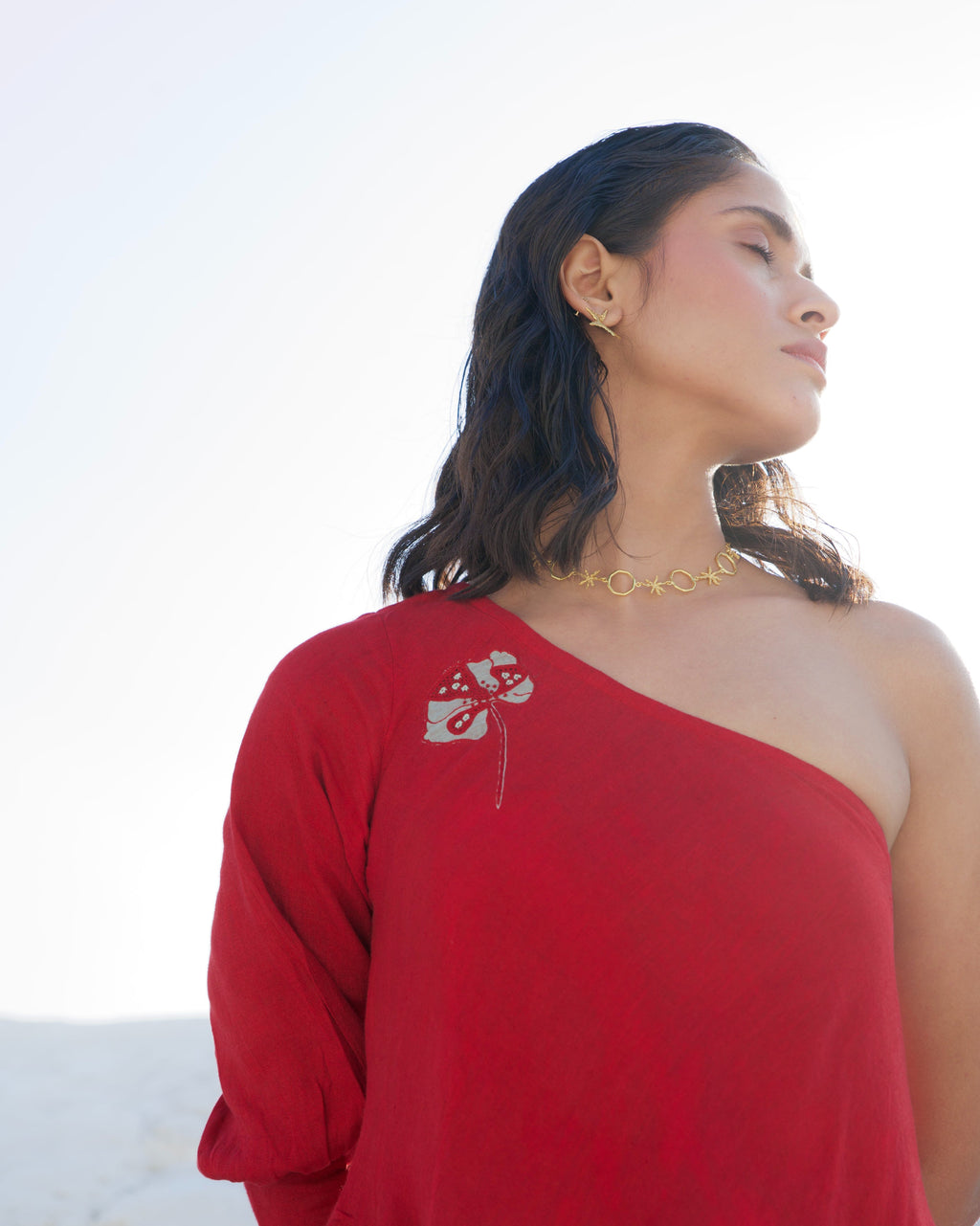 Red Midi Dress at Kamakhyaa by The Loom Art. This item is Aurora SS24, Casual Wear, Chanderi Silk, Evening Wear, July Sale, July Sale 2023, Loose Fit, Midi Dresses, Office, Office Wear, Ombre & Dyes, One Shoulder Dresses, Organic, Red, Solids, Womenswear