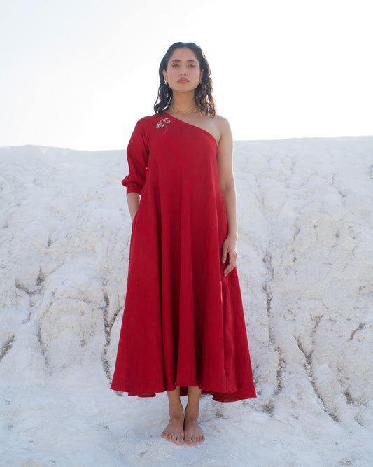 Red Midi Dress at Kamakhyaa by The Loom Art. This item is Aurora SS24, Casual Wear, Chanderi Silk, Evening Wear, July Sale, July Sale 2023, Loose Fit, Midi Dresses, Office, Office Wear, Ombre & Dyes, One Shoulder Dresses, Organic, Red, Solids, Womenswear