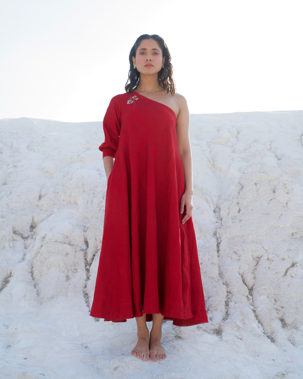 Red Midi Dress at Kamakhyaa by The Loom Art. This item is Aurora SS24, Casual Wear, Chanderi Silk, Evening Wear, July Sale, July Sale 2023, Loose Fit, Midi Dresses, Office, Office Wear, Ombre & Dyes, One Shoulder Dresses, Organic, Red, Solids, Womenswear