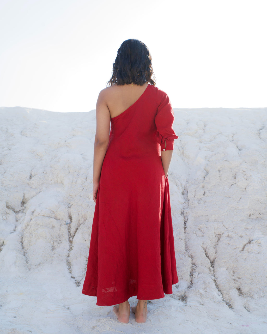 Red Midi Dress at Kamakhyaa by The Loom Art. This item is Aurora SS24, Casual Wear, Chanderi Silk, Evening Wear, July Sale, July Sale 2023, Loose Fit, Midi Dresses, Office, Office Wear, Ombre & Dyes, One Shoulder Dresses, Organic, Red, Solids, Womenswear