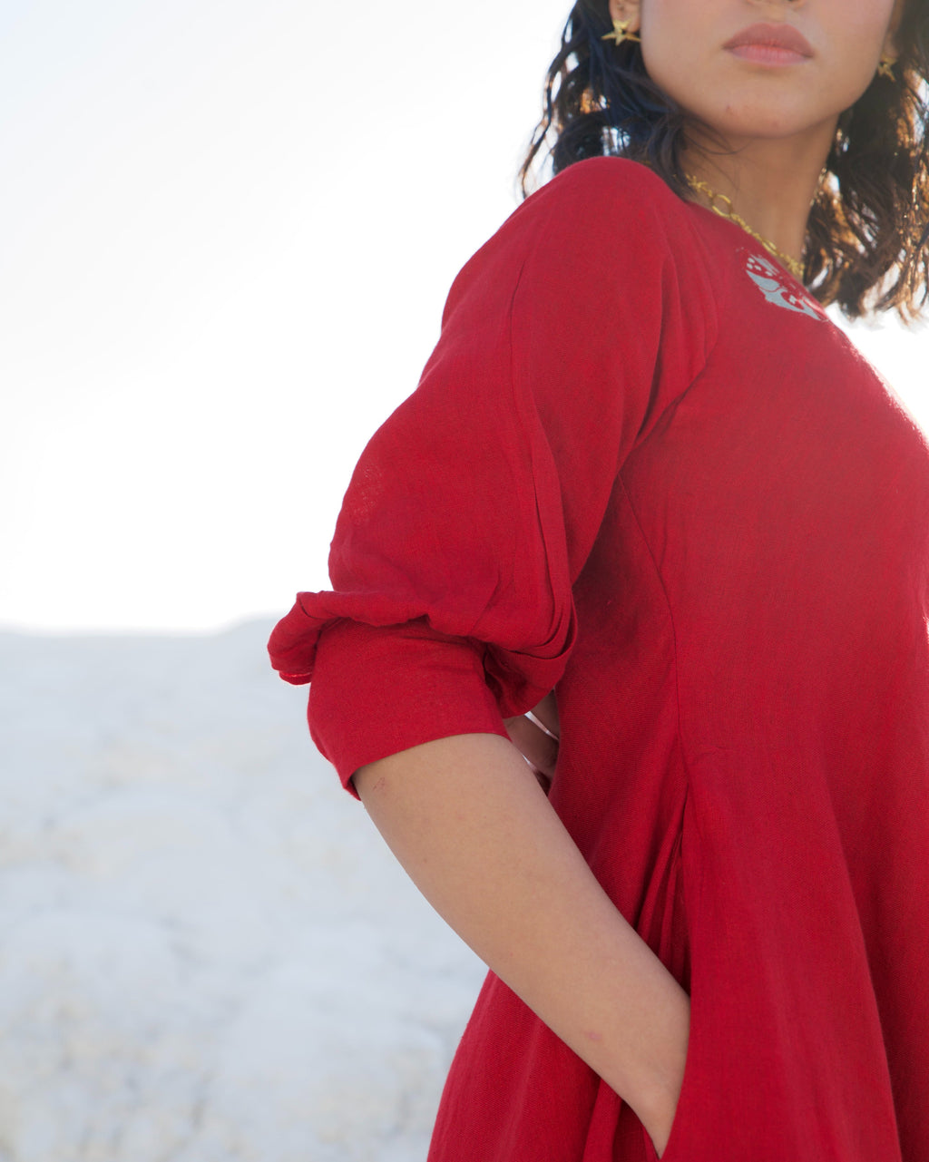 Red Midi Dress at Kamakhyaa by The Loom Art. This item is Aurora SS24, Casual Wear, Chanderi Silk, Evening Wear, July Sale, July Sale 2023, Loose Fit, Midi Dresses, Office, Office Wear, Ombre & Dyes, One Shoulder Dresses, Organic, Red, Solids, Womenswear