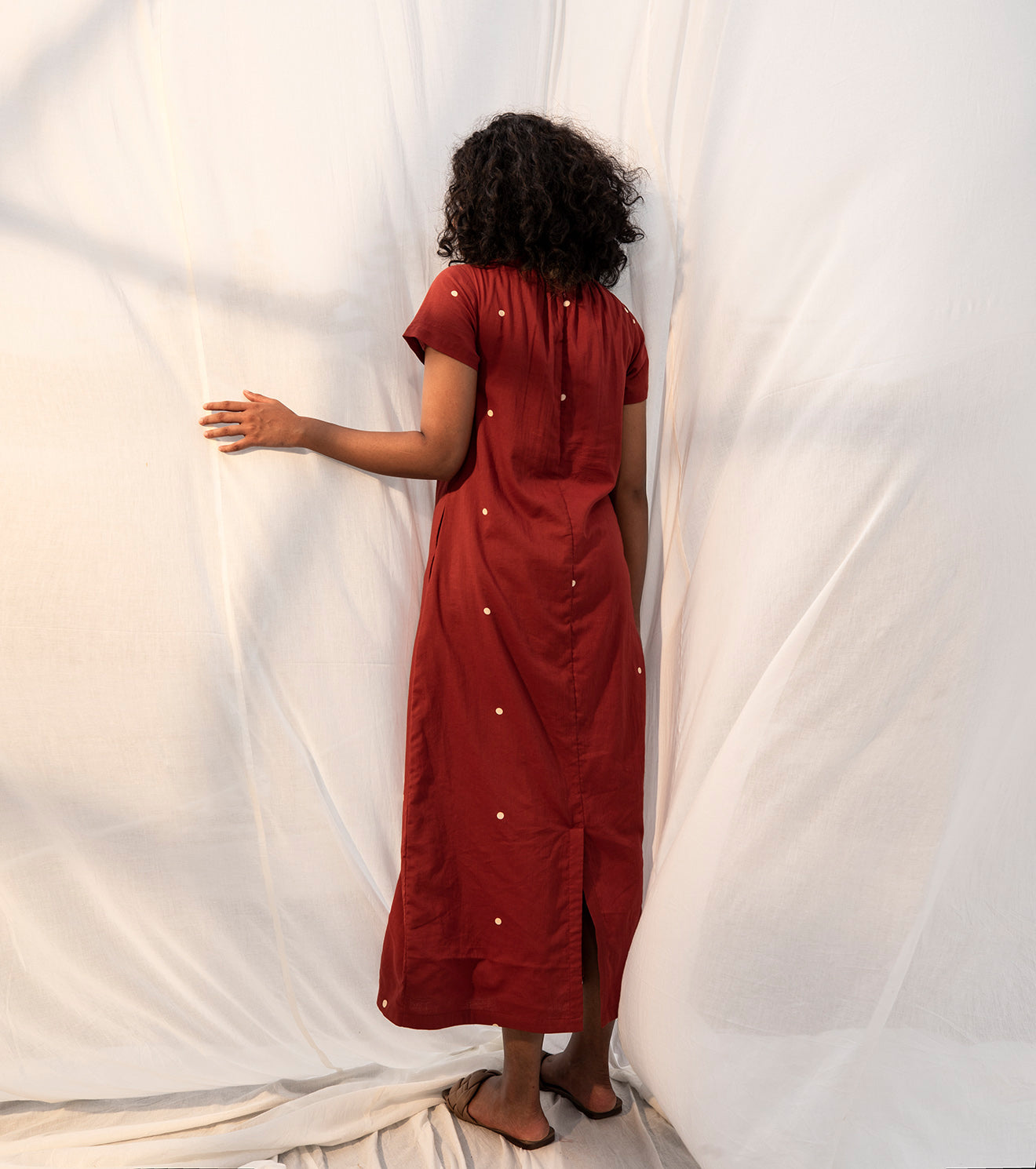 Red Midi Dress With Polka Dot at Kamakhyaa by Khara Kapas. This item is Evening Wear, Midi Dresses, Mulmul, Natural, Polka Dots, Prints, Red, Regular Fit, Sienna KK, Solid Selfmade, Womenswear