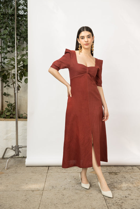 Red Midi Dress with Front Slit at Kamakhyaa by Anushé Pirani. This item is Cotton Hemp, Dresses, Midi Dresses, Nostalgic Whispers, Red, Regular Fit, solid, Womenswear