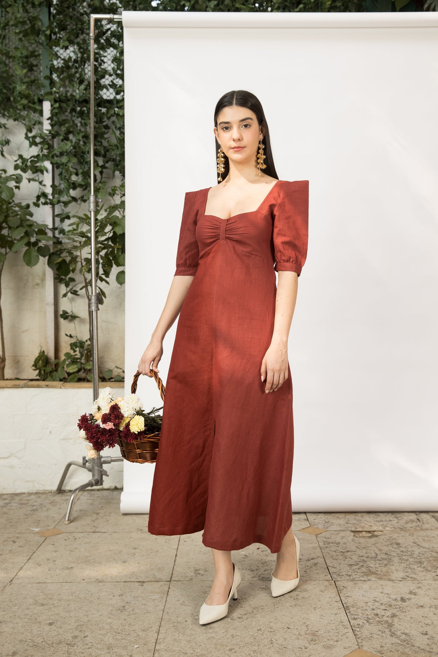 Red Midi Dress with Front Slit at Kamakhyaa by Anushé Pirani. This item is Cotton Hemp, Dresses, Midi Dresses, Nostalgic Whispers, Red, Regular Fit, solid, Womenswear