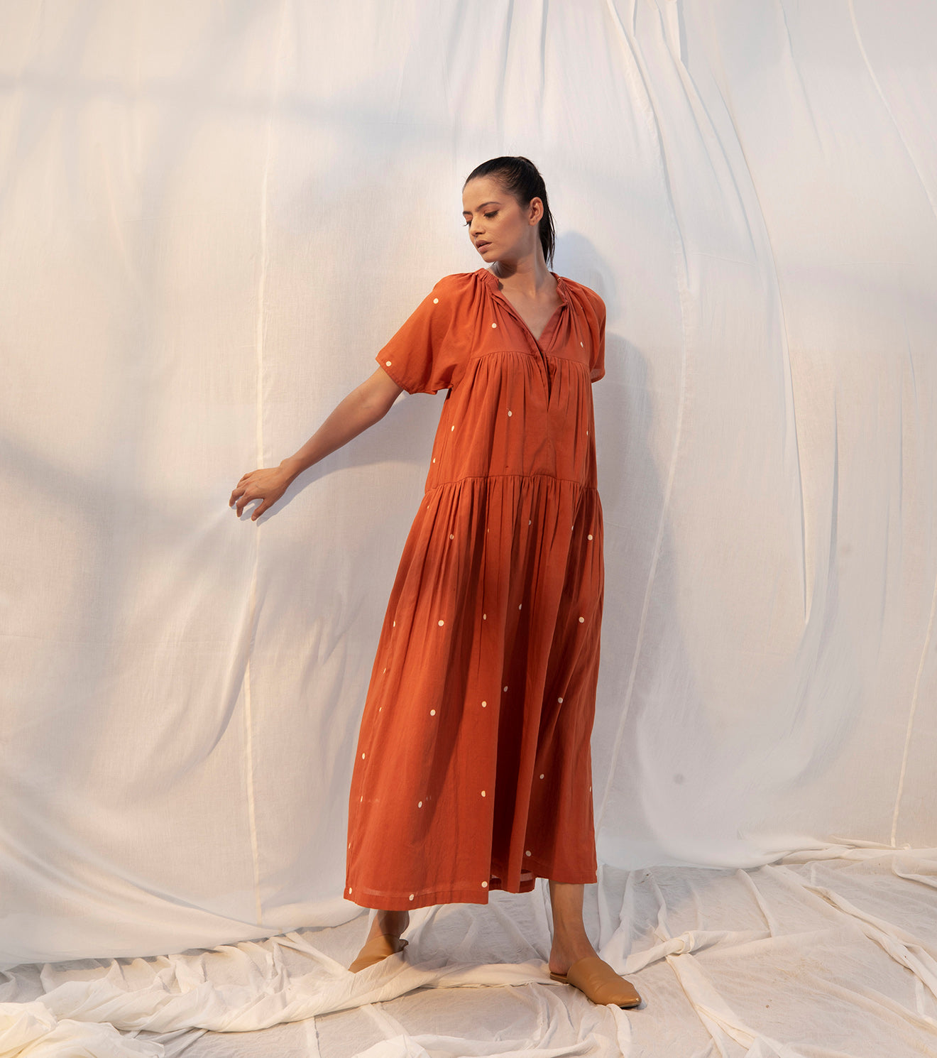 Red Midi Dress with Pockets at Kamakhyaa by Khara Kapas. This item is Evening Wear, Midi Dresses, Mulmul, Natural, Red, Sienna KK, Solid Selfmade, Solids, Tiered Dresses, Womenswear
