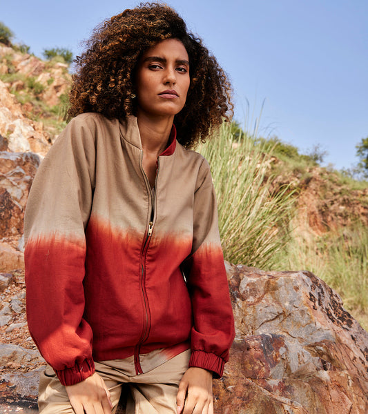 Red Ombre Bomber Jacket at Kamakhyaa by Khara Kapas. This item is 100% Cotton, Casual Wear, Jackets, Organic, Red, Regular Fit, Solids, Under The Autumn Moon A/W 2022, Womenswear