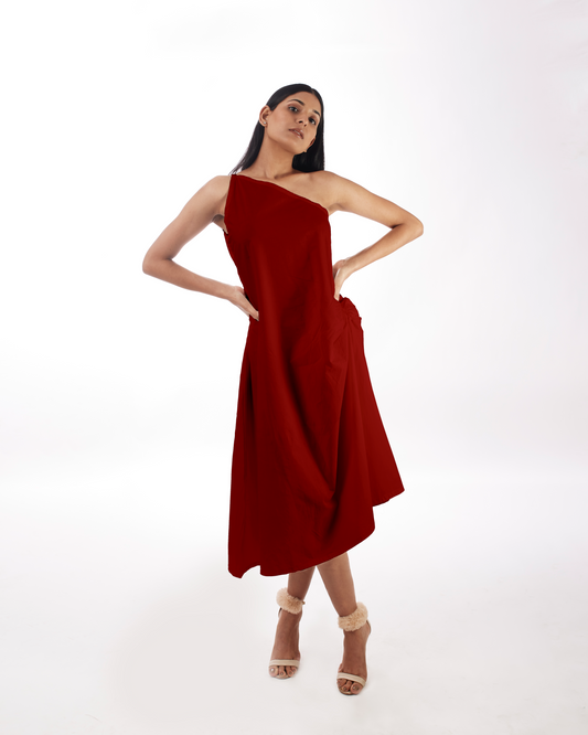 Red One Shoulder Dress at Kamakhyaa by Kamakhyaa. This item is 100% pure cotton, Evening Wear, KKYSS, Natural, One Shoulder Dresses, Red, Regular Fit, Solids, Summer Sutra, Womenswear