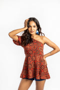 Red One Shoulder Top at Kamakhyaa by House Of Ara. This item is Ajrakh, Ajrakh Collection, Casual Wear, Cupro, Fitted at Bust, Natural, One Shoulder Tops, Prints, Red, Womenswear
