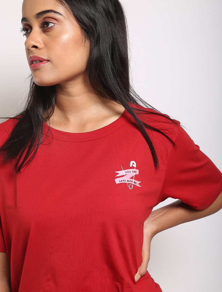 Red Organic Cotton T-Shirt at Kamakhyaa by Wear Equal. This item is Casual Wear, Organic, Organic Cotton, Prints, Red, Regular Fit, T-Shirts, Womenswear