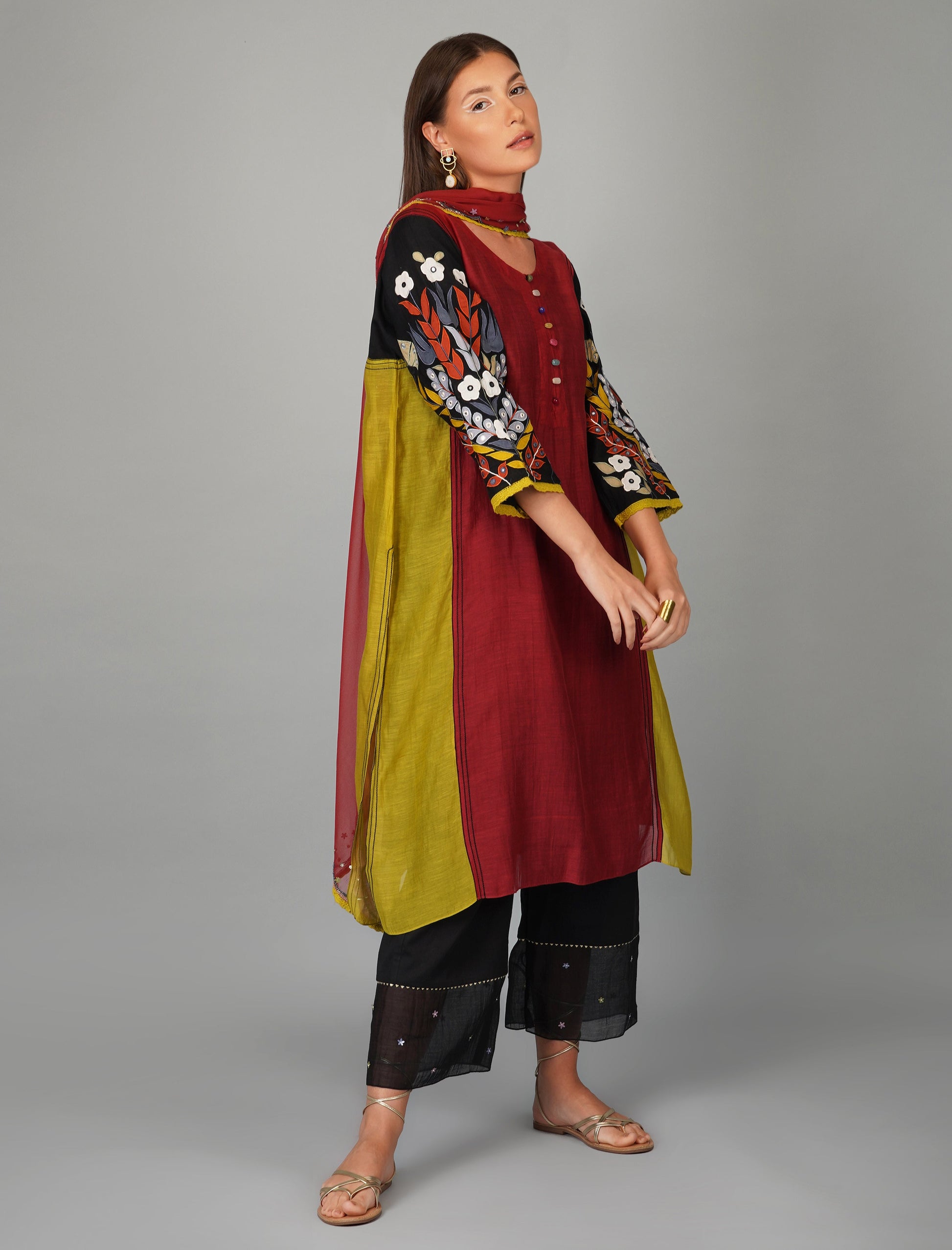 Red Panelled Chanderi Kurta Set at Kamakhyaa by Devyani Mehrotra. This item is Chanderi Silk, Cotton, Embroidered, Festive Wear, Georgette, Kurta Pant Sets, Kurta Set with Dupattas, Multicolor, Natural, Patchwork, Pre Spring 2023, Relaxed Fit, Womenswear