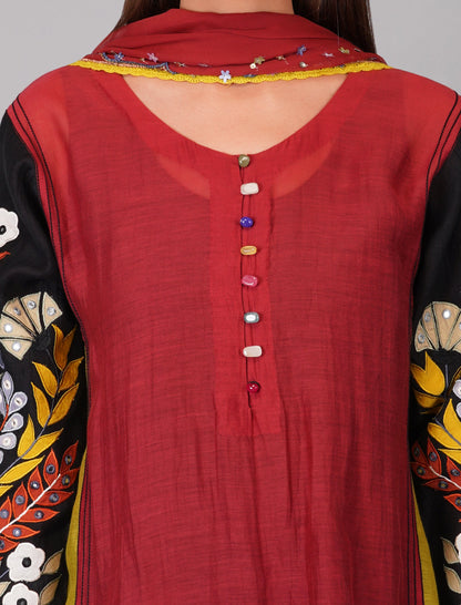 Red Panelled Chanderi Kurta Set at Kamakhyaa by Devyani Mehrotra. This item is Chanderi Silk, Cotton, Embroidered, Festive Wear, Georgette, Kurta Pant Sets, Kurta Set with Dupattas, Multicolor, Natural, Patchwork, Pre Spring 2023, Relaxed Fit, Womenswear