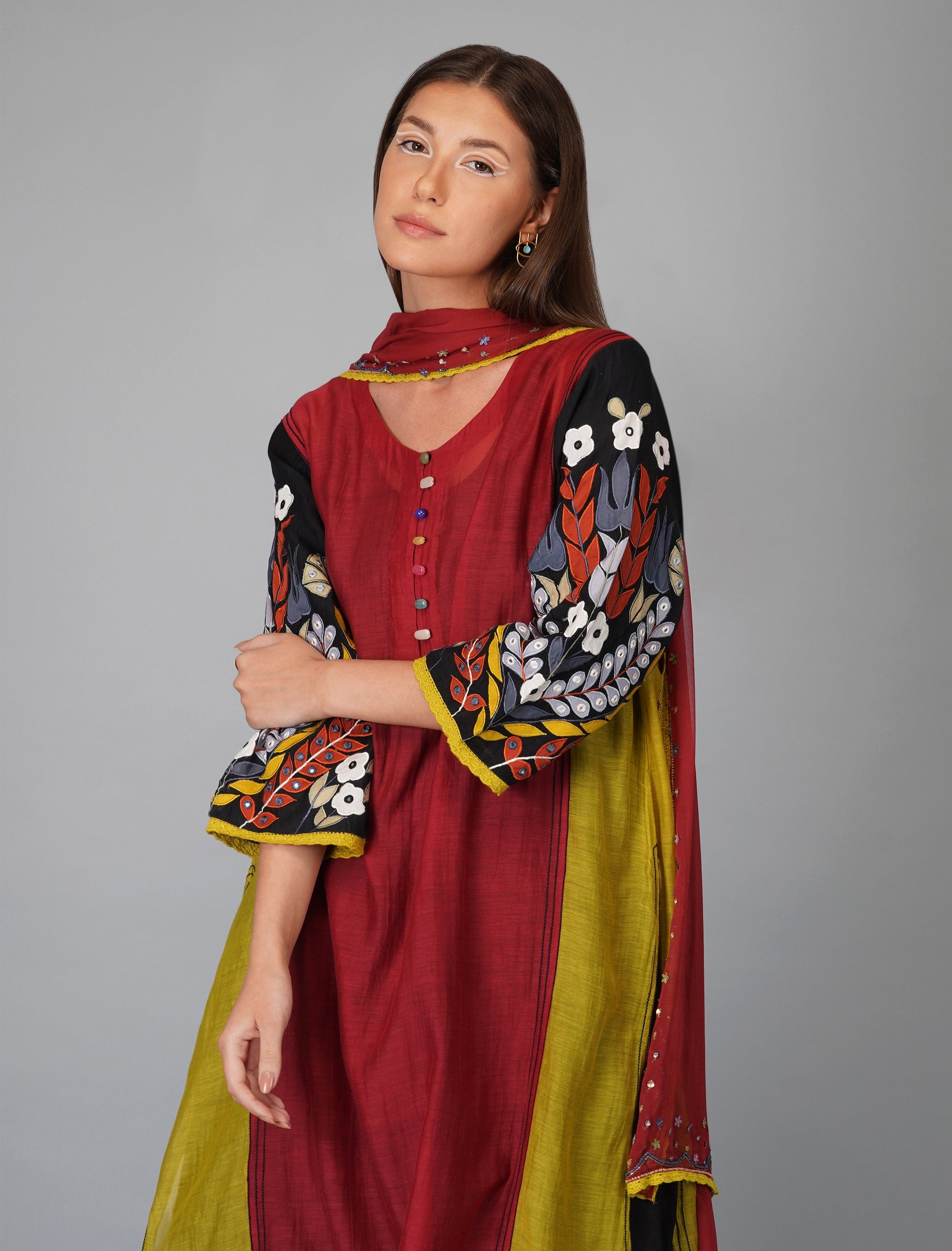 Red Panelled Chanderi Kurta Set at Kamakhyaa by Devyani Mehrotra. This item is Chanderi Silk, Cotton, Embroidered, Festive Wear, Georgette, Kurta Pant Sets, Kurta Set with Dupattas, Multicolor, Natural, Patchwork, Pre Spring 2023, Relaxed Fit, Womenswear