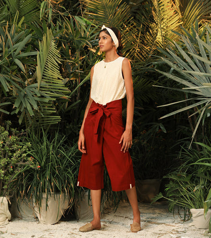 Red Pants at Kamakhyaa by Khara Kapas. This item is Culottes, Lost In paradise, Natural, Poplin, Red, Resort Wear, Solids, Womenswear