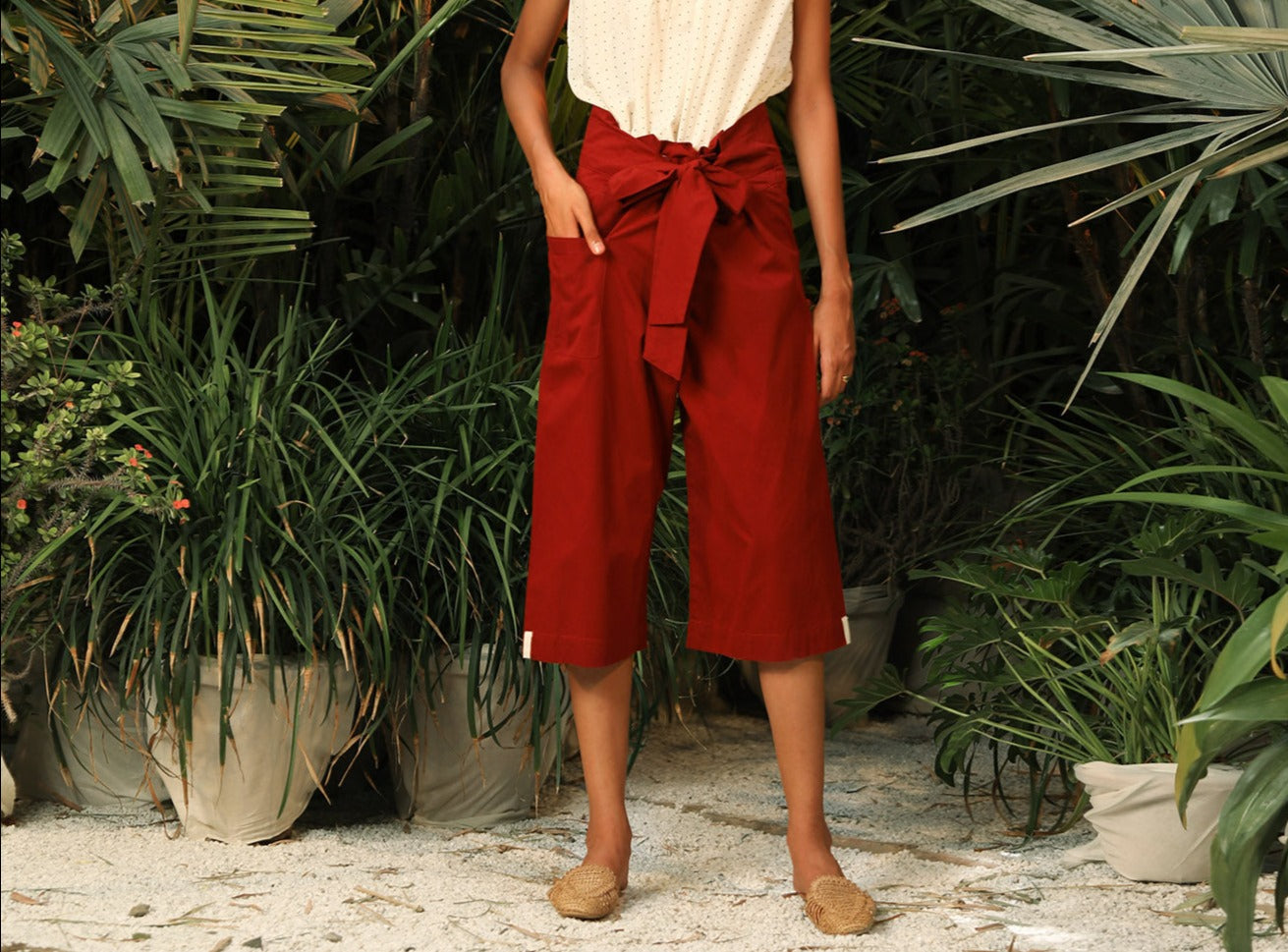 Red Pants at Kamakhyaa by Khara Kapas. This item is Culottes, Lost In paradise, Natural, Poplin, Red, Resort Wear, Solids, Womenswear