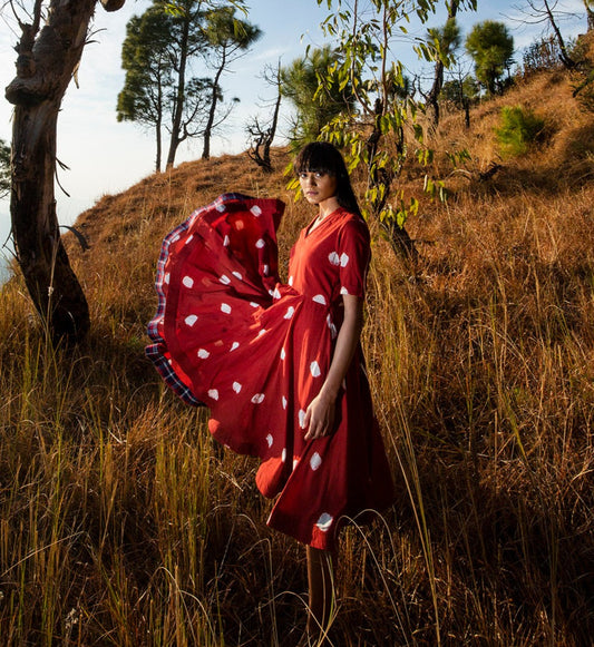 Red Polka Dots Midi Dress at Kamakhyaa by Khara Kapas. This item is Best Selling, FB ADS JUNE, Midi Dresses, Mul Cotton, Natural, Polka Dots, Prints, Red, Regular Fit, Wilderness, Womenswear