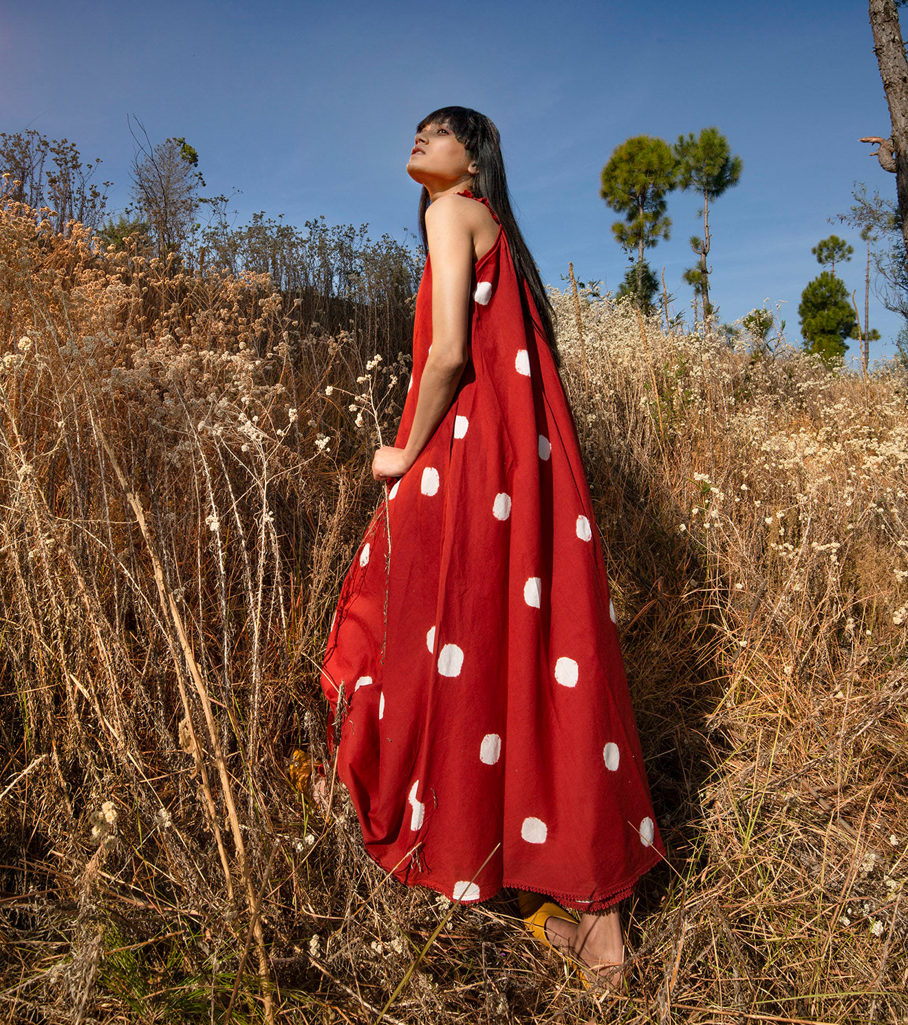 Red Polka dots Maxi Dress at Kamakhyaa by Khara Kapas. This item is Best Selling, FB ADS JUNE, Maxi Dresses, Mul Cotton, Natural, Polka Dots, Printed Selfsame, Prints, Red, Regular Fit, Sleeveless Dresses, Strap Dresses, Wilderness, Womenswear