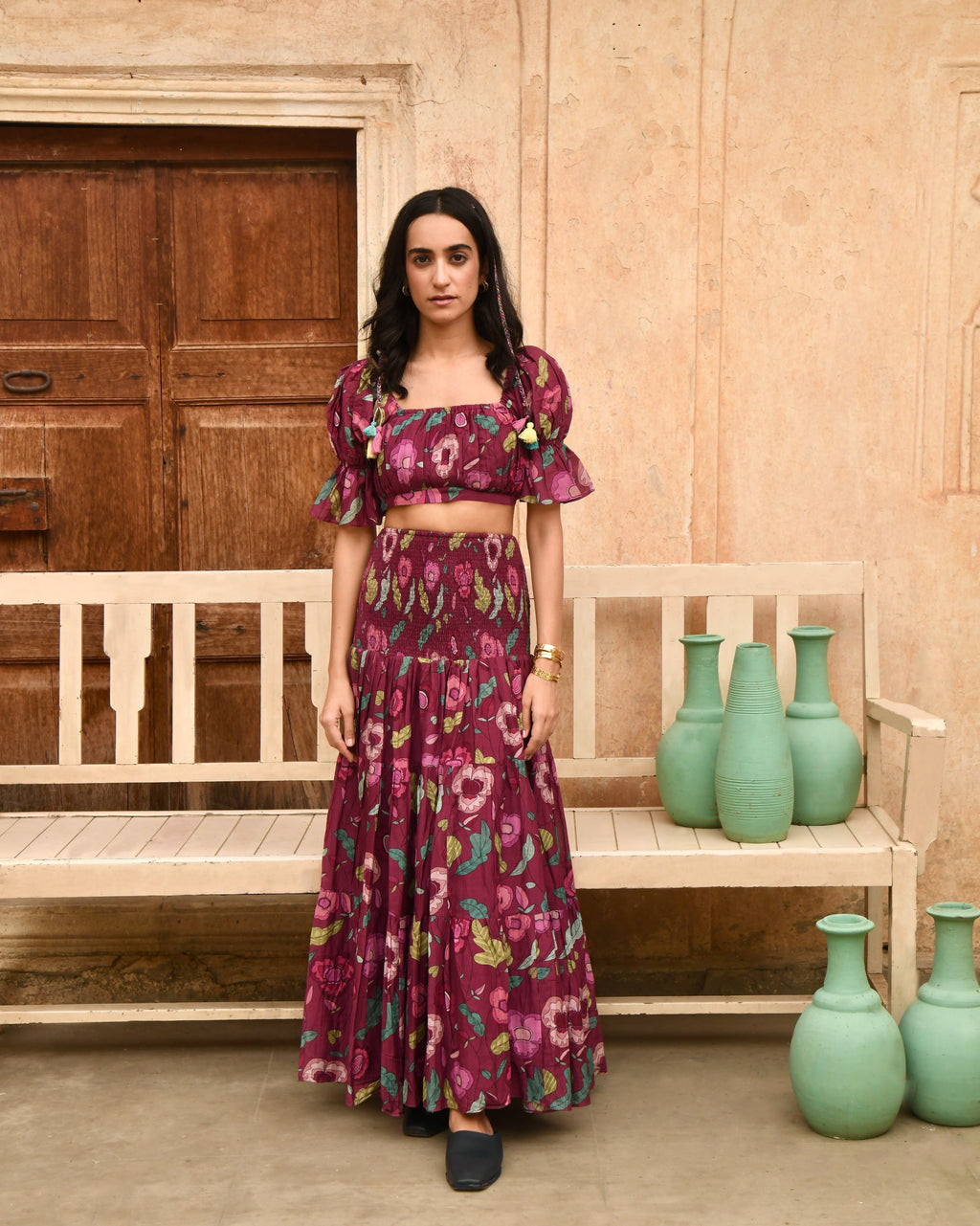 Red Printed Crop Top at Kamakhyaa by Taro. This item is Azo Free Dyes, Casual Wear, Chanderi Silk, Crop Tops, Fitted At Bust, Garden Of Dreams, July Sale, July Sale 2023, Prints, Purple, Womenswear