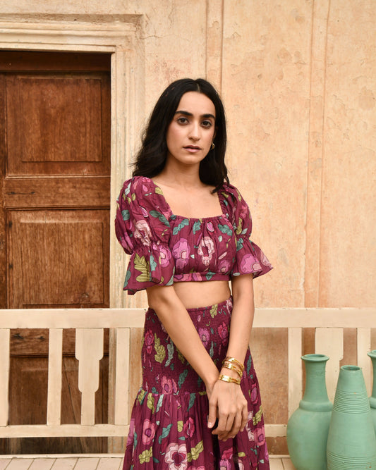 Red Printed Crop Top at Kamakhyaa by Taro. This item is Azo Free Dyes, Casual Wear, Chanderi Silk, Crop Tops, Fitted At Bust, Garden Of Dreams, July Sale, July Sale 2023, Prints, Purple, Womenswear