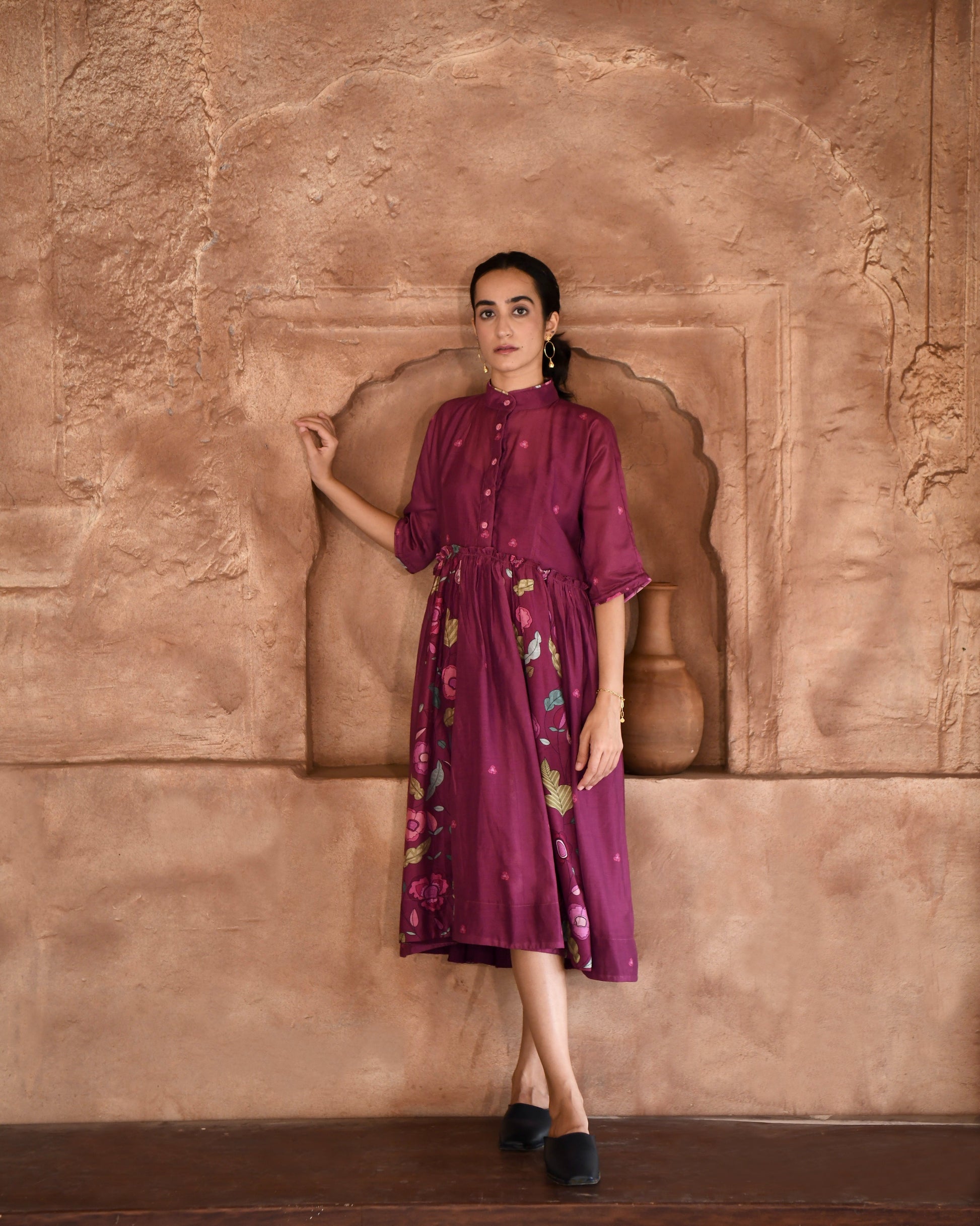 Red Printed Shirt Dress at Kamakhyaa by Taro. This item is Azo Free Dyes, Chanderi Silk, For Anniversary, Garden Of Dreams, July Sale, July Sale 2023, Office Wear, Prints, Red, Relaxed Fit, Shirt Dresses, Womenswear