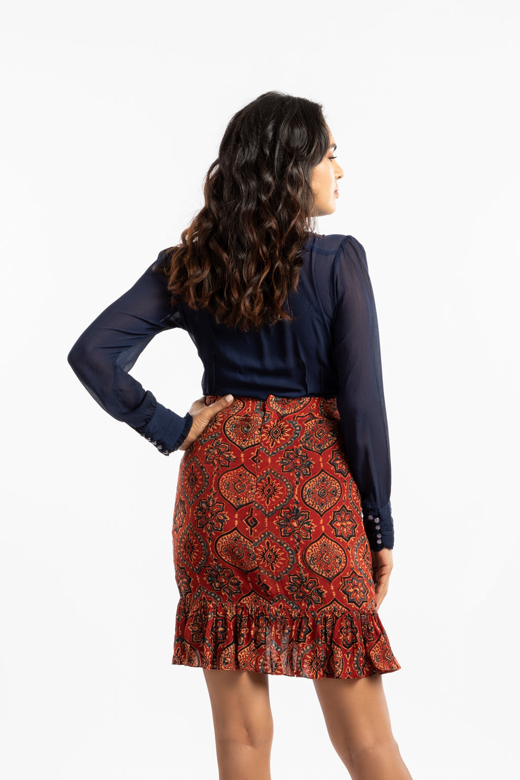 Red Ruffled Mini Skirt at Kamakhyaa by House Of Ara. This item is Ajrakh, Ajrakh Collection, Casual Wear, Cupro, For Siblings, Mini Skirts, Natural, Prints, Red, Regular Fit, Skirts, Slim Fit, Womenswear