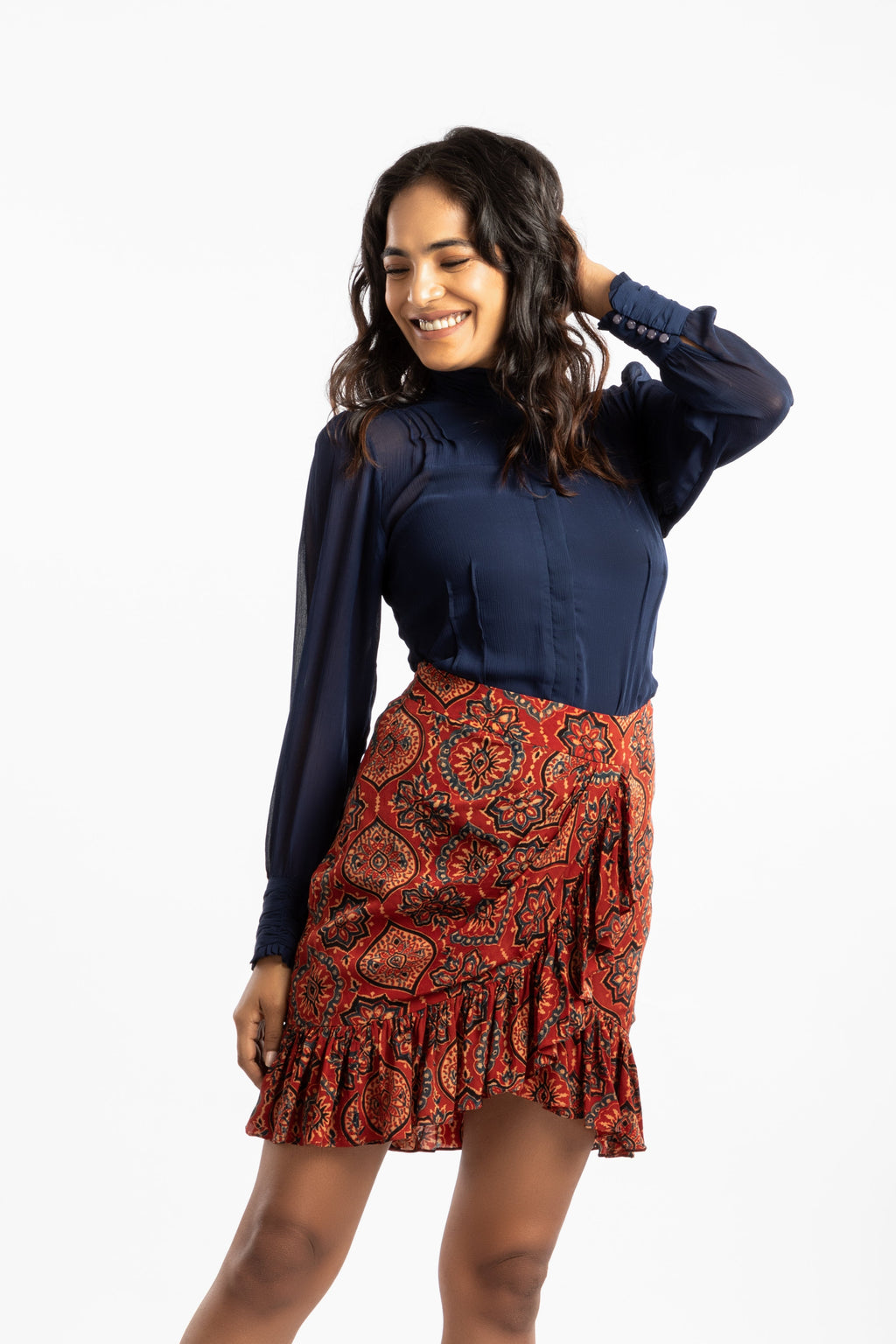 Red Ruffled Mini Skirt at Kamakhyaa by House Of Ara. This item is Ajrakh, Ajrakh Collection, Casual Wear, Cupro, For Siblings, Mini Skirts, Natural, Prints, Red, Regular Fit, Skirts, Slim Fit, Womenswear