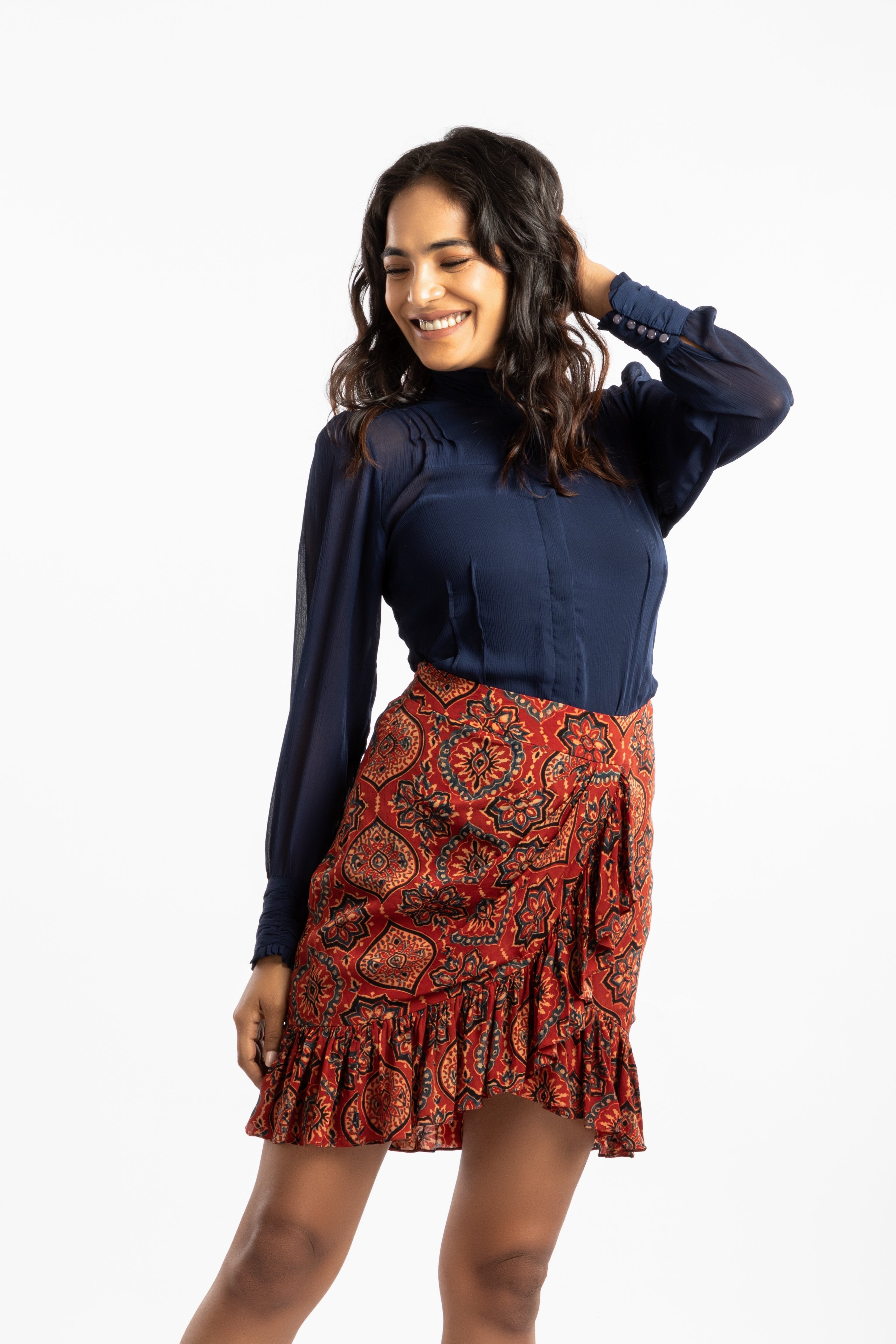 Red Ruffled Mini Skirt at Kamakhyaa by House Of Ara. This item is Ajrakh, Ajrakh Collection, Casual Wear, Cupro, For Siblings, Mini Skirts, Natural, Prints, Red, Regular Fit, Skirts, Slim Fit, Womenswear