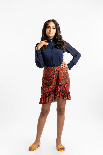Red Ruffled Mini Skirt at Kamakhyaa by House Of Ara. This item is Ajrakh, Ajrakh Collection, Casual Wear, Cupro, For Siblings, Mini Skirts, Natural, Prints, Red, Regular Fit, Skirts, Slim Fit, Womenswear