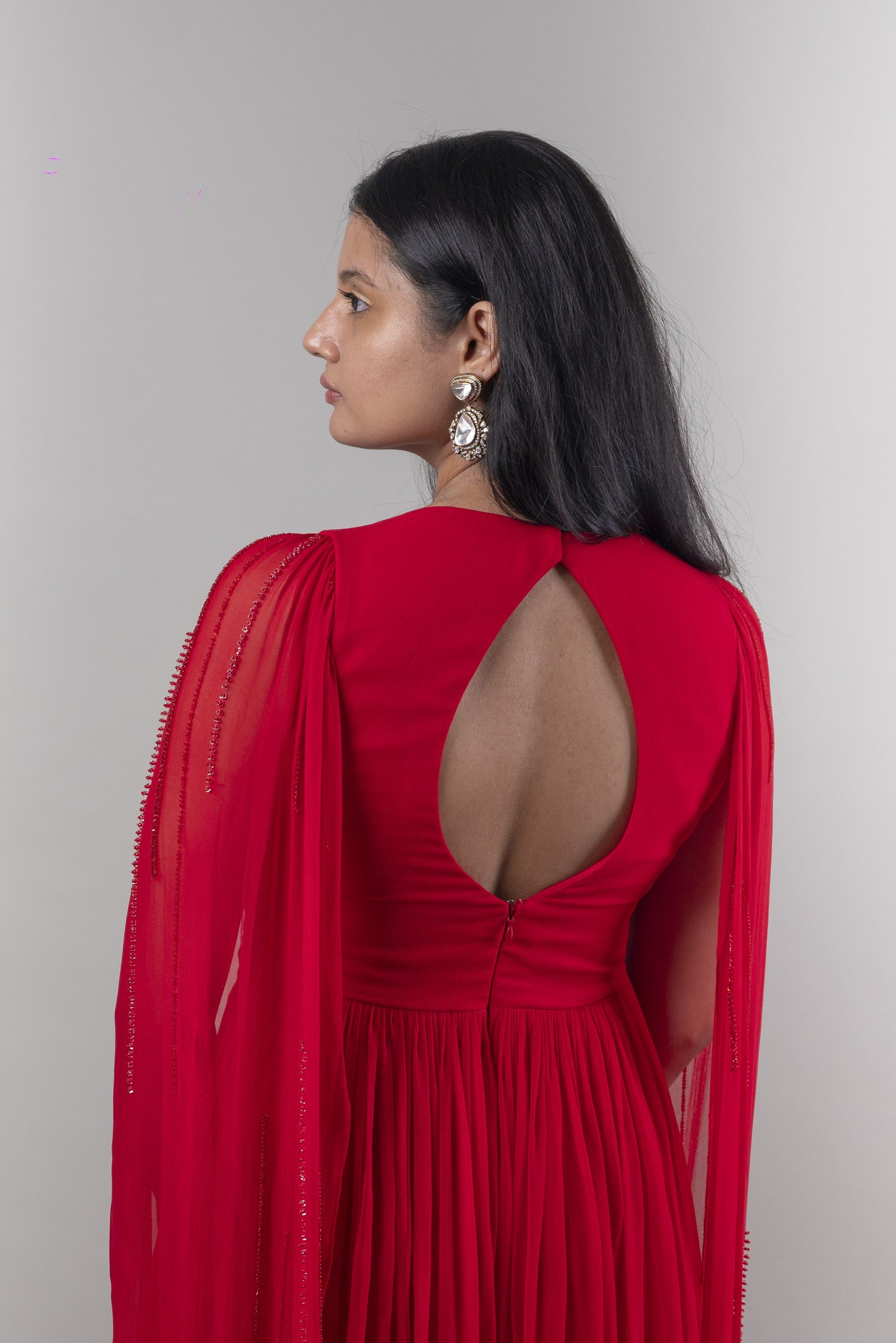 Red Satin Drape Gown With Trail Sleeves at Kamakhyaa by Ewoke. This item is Bemberg chiffon, Complete Sets, Ewoke, Natural, Party Wear, Relaxed Fit, Solids, White, Womenswear