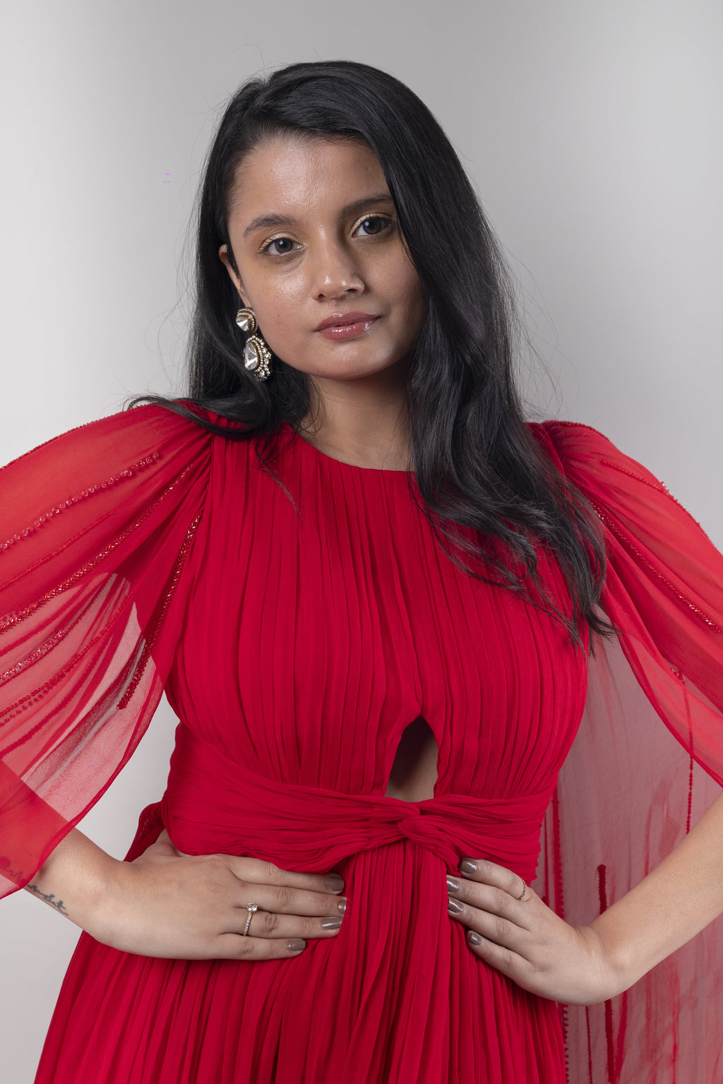 Red Satin Drape Gown With Trail Sleeves at Kamakhyaa by Ewoke. This item is Bemberg chiffon, Complete Sets, Ewoke, Natural, Party Wear, Relaxed Fit, Solids, White, Womenswear