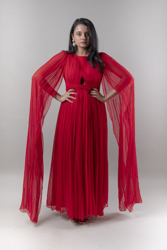 Red Satin Drape Gown With Trail Sleeves at Kamakhyaa by Ewoke. This item is Bemberg chiffon, Complete Sets, Ewoke, Natural, Party Wear, Relaxed Fit, Solids, White, Womenswear