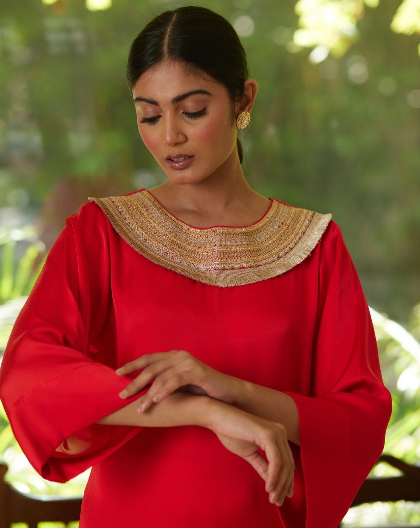 Red Satin Silk Kurta Pant Set at Kamakhyaa by Mayura Kumar. This item is Casual Wear, Festive Wear, Kurta Pant Sets, Mayura Kumar, Red, Regular Fit, Satin, Silk, Solids, Timeless Elegance, Womenswear