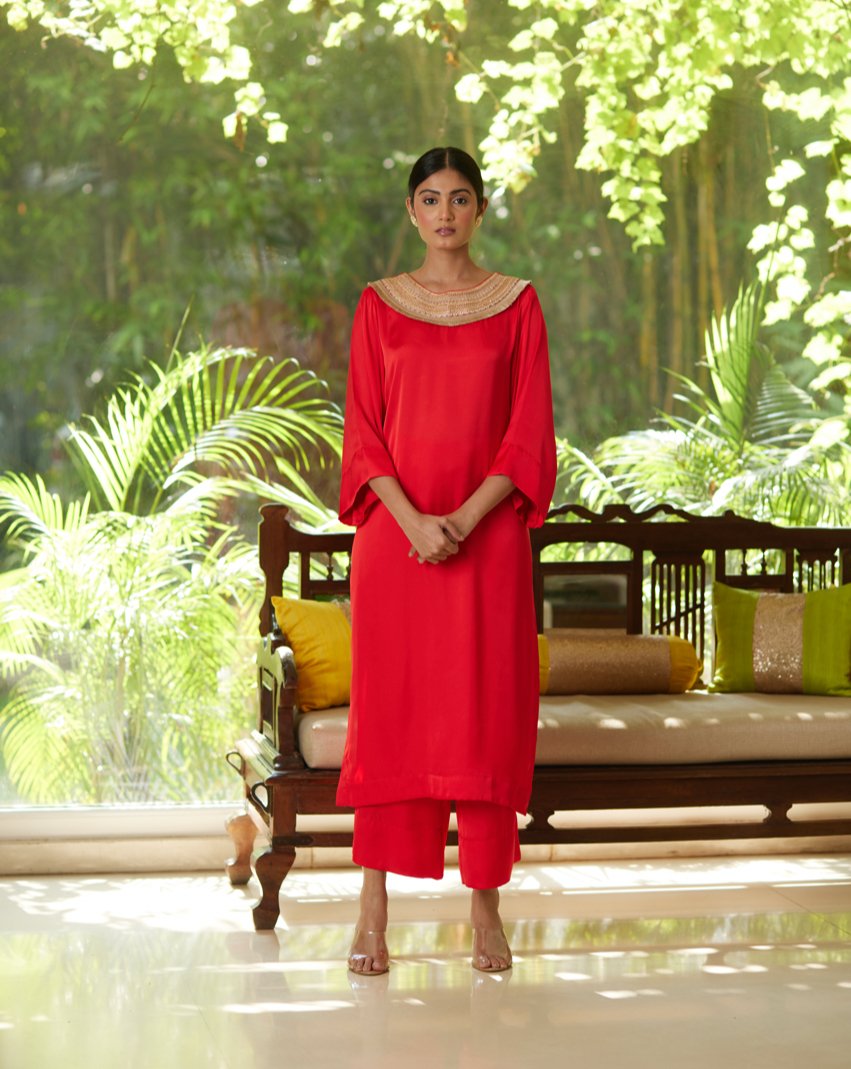 Red Satin Silk Kurta Pant Set at Kamakhyaa by Mayura Kumar. This item is Casual Wear, Festive Wear, Kurta Pant Sets, Mayura Kumar, Red, Regular Fit, Satin, Silk, Solids, Timeless Elegance, Womenswear