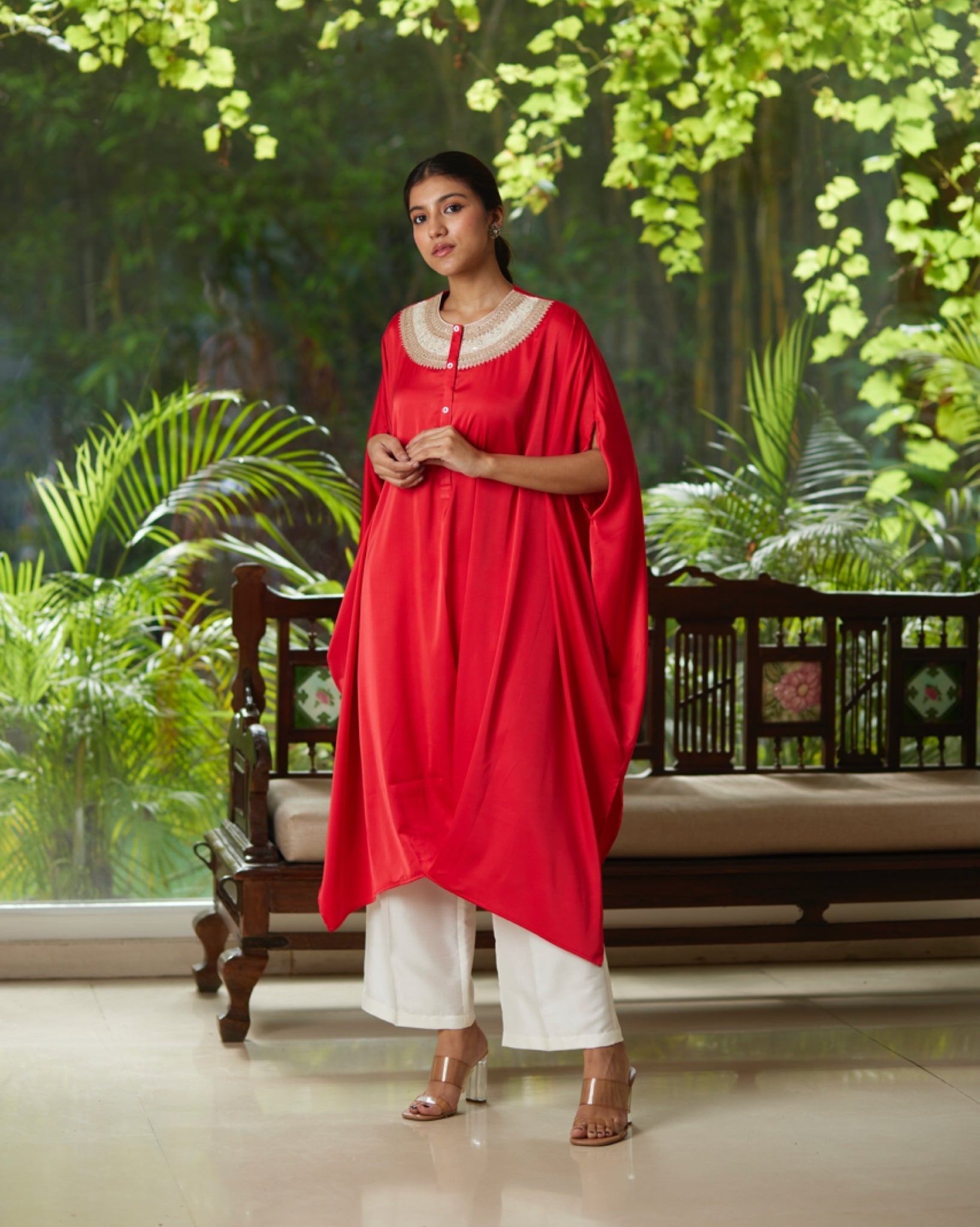 Red Satin Silk Kurta Set at Kamakhyaa by Mayura Kumar. This item is Ajrakh Heritage, Casual Wear, Dresses, Festive Wear, Kaftans, Mayura Kumar, Modal Silk, Relaxed Fit, Solids, Womenswear