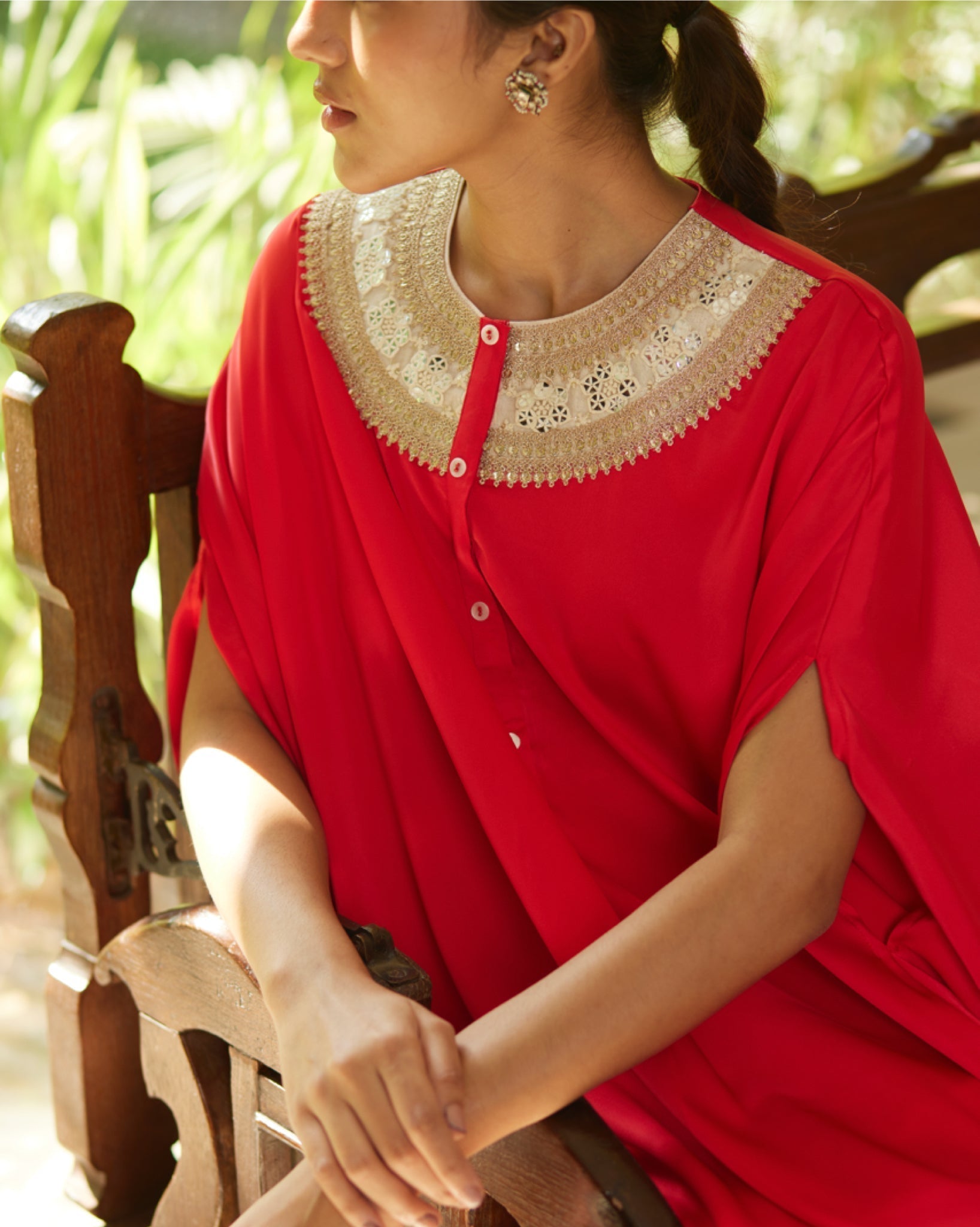 Red Satin Silk Kurta Set at Kamakhyaa by Mayura Kumar. This item is Ajrakh Heritage, Casual Wear, Dresses, Festive Wear, Kaftans, Mayura Kumar, Modal Silk, Relaxed Fit, Solids, Womenswear