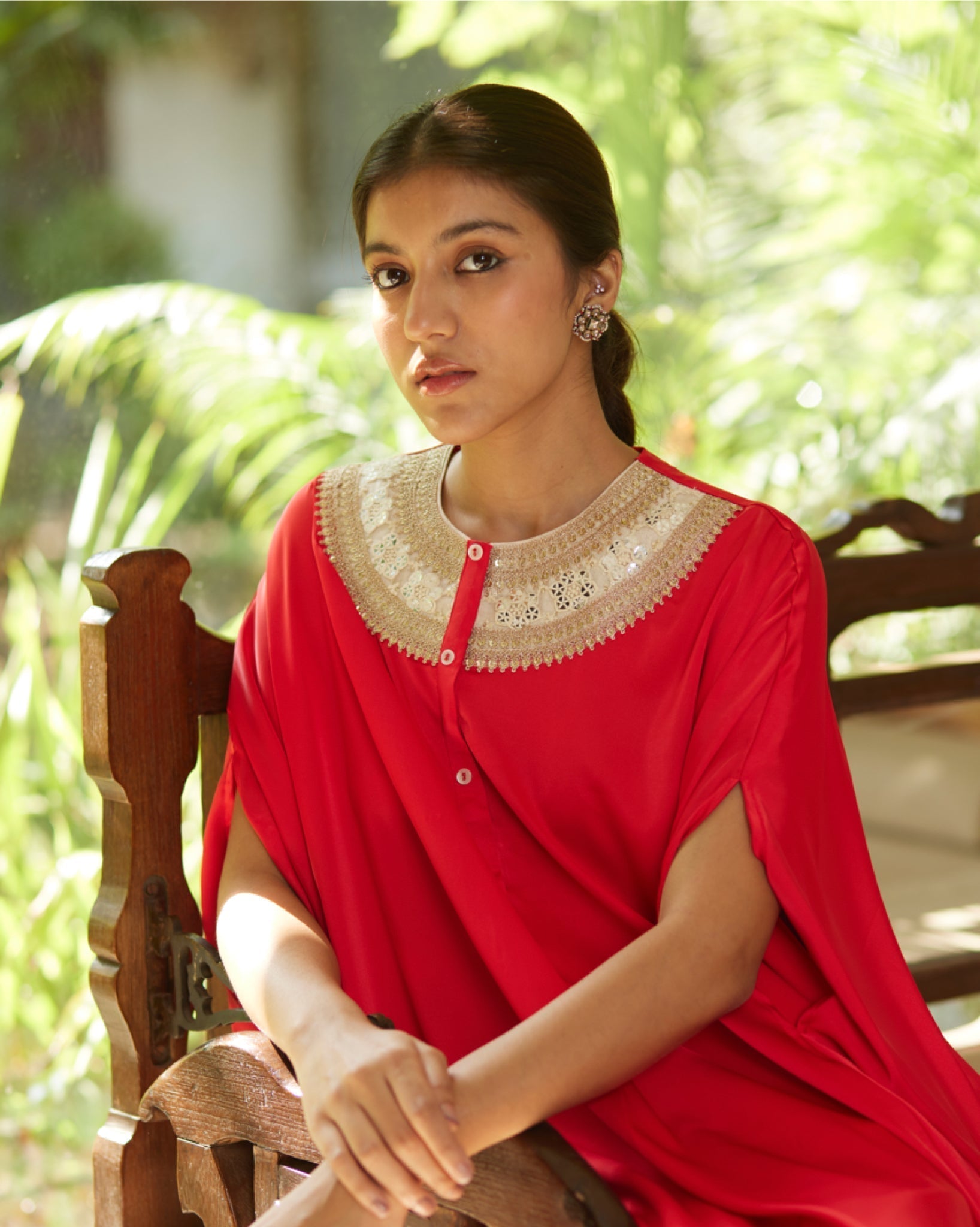 Red Satin Silk Kurta Set at Kamakhyaa by Mayura Kumar. This item is Ajrakh Heritage, Casual Wear, Dresses, Festive Wear, Kaftans, Mayura Kumar, Modal Silk, Relaxed Fit, Solids, Womenswear