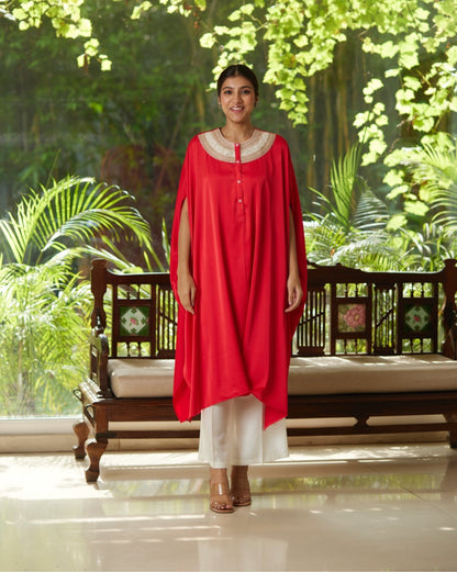 Red Satin Silk Kurta Set at Kamakhyaa by Mayura Kumar. This item is Ajrakh Heritage, Casual Wear, Dresses, Festive Wear, Kaftans, Mayura Kumar, Modal Silk, Relaxed Fit, Solids, Womenswear