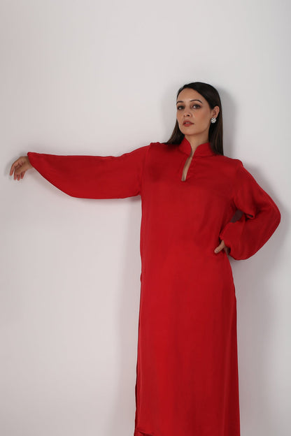 Red Satin Suit at Kamakhyaa by MOH-The Eternal Dhaga. This item is Cotton, Festive Wear, Kurta pant With Duppatta, Moh-The eternal Dhaga, Natural, Red, Relaxed Fit, Solids, Womenswear