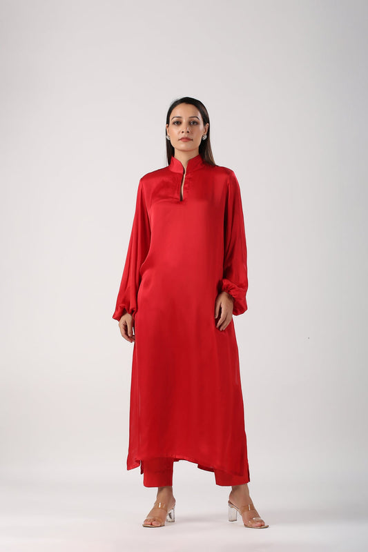 Red Satin Suit at Kamakhyaa by MOH-The Eternal Dhaga. This item is Cotton, Festive Wear, Kurta pant With Duppatta, Moh-The eternal Dhaga, Natural, Red, Relaxed Fit, Solids, Womenswear