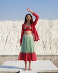 Red Silk Co-ord Set at Kamakhyaa by The Loom Art. This item is Aurora SS24, Best Selling, Casual Wear, Chanderi Silk, Co-ord Sets, FB ADS JUNE, July Sale, July Sale 2023, Ombre & Dyes, Organic, Red, Regular Fit, Skirt Sets, Vacation, Vacation Co-ords, Womenswear