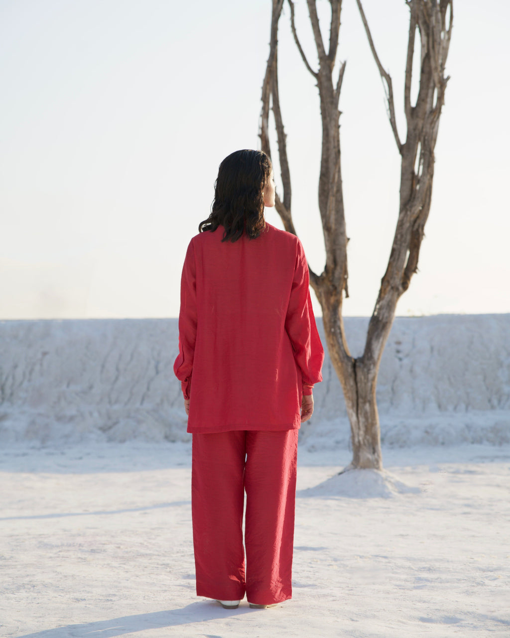 Red Silk Co-ord Set at Kamakhyaa by The Loom Art. This item is Aurora SS24, Casual Wear, Chanderi Silk, Co-ord Sets, July Sale, July Sale 2023, Lounge Wear Co-ords, Office, Office Wear, Office Wear Co-ords, Ombre & Dyes, Organic, Red, Relaxed Fit, Solids, Womenswear