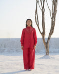 Red Silk Co-ord Set at Kamakhyaa by The Loom Art. This item is Aurora SS24, Casual Wear, Chanderi Silk, Co-ord Sets, July Sale, July Sale 2023, Lounge Wear Co-ords, Office, Office Wear, Office Wear Co-ords, Ombre & Dyes, Organic, Red, Relaxed Fit, Solids, Womenswear