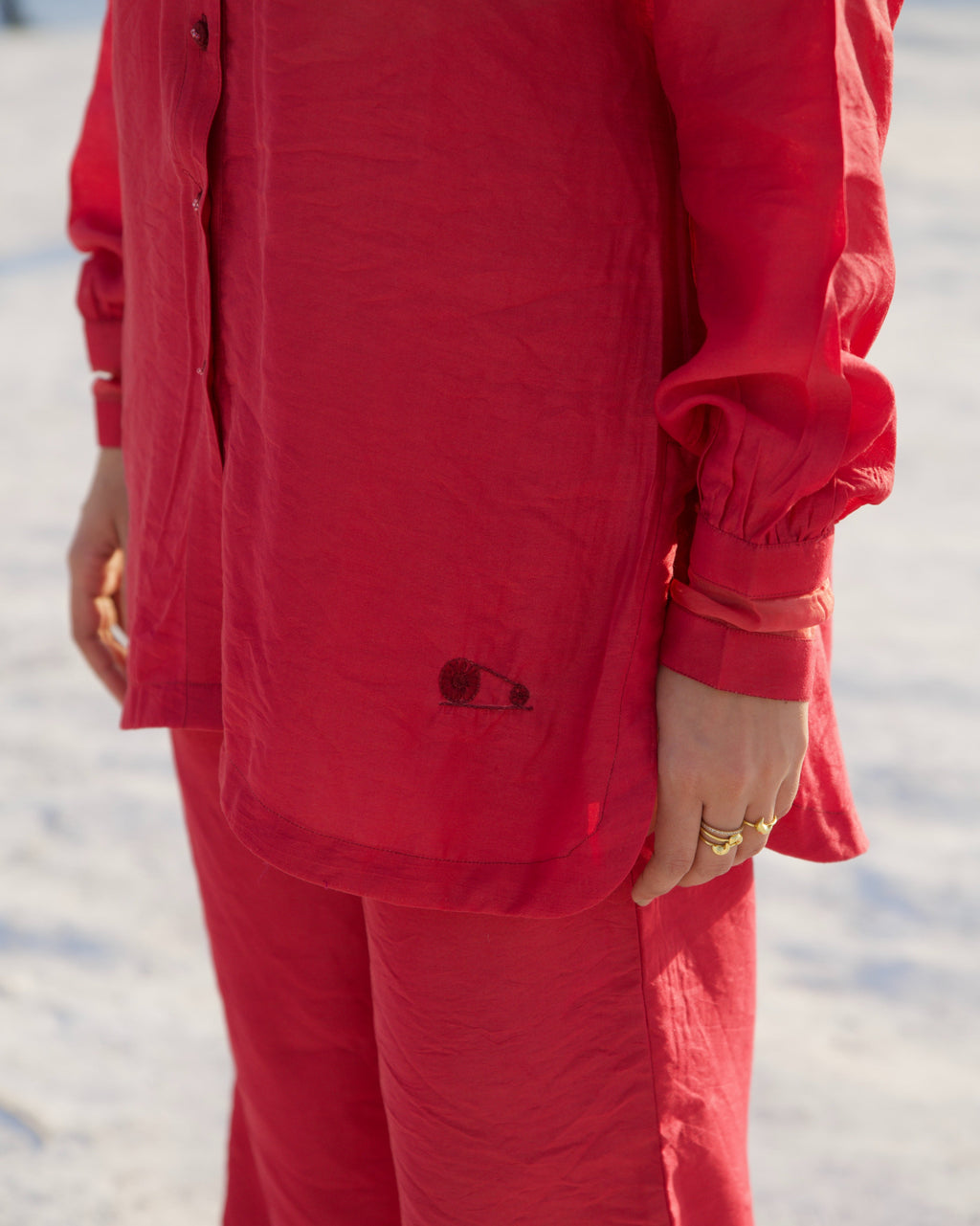 Red Silk Co-ord Set at Kamakhyaa by The Loom Art. This item is Aurora SS24, Casual Wear, Chanderi Silk, Co-ord Sets, July Sale, July Sale 2023, Lounge Wear Co-ords, Office, Office Wear, Office Wear Co-ords, Ombre & Dyes, Organic, Red, Relaxed Fit, Solids, Womenswear