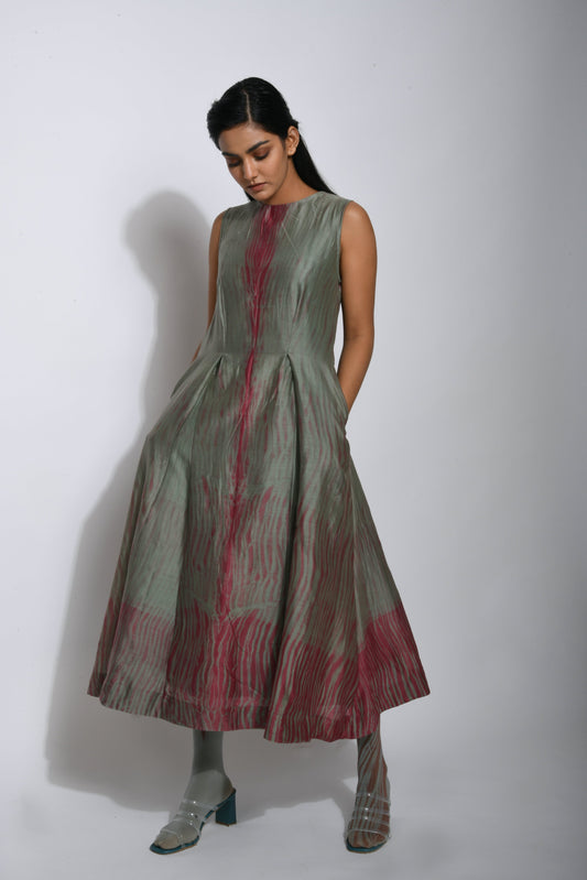 Red Silk Midi Dress at Kamakhyaa by The Loom Art. This item is Between the Lines, Chanderi Silk, Grey, July Sale, July Sale 2023, Natural, Ombre & Dyes, Party Wear, Red, Regular Fit, Sleeveless Dresses, Womenswear