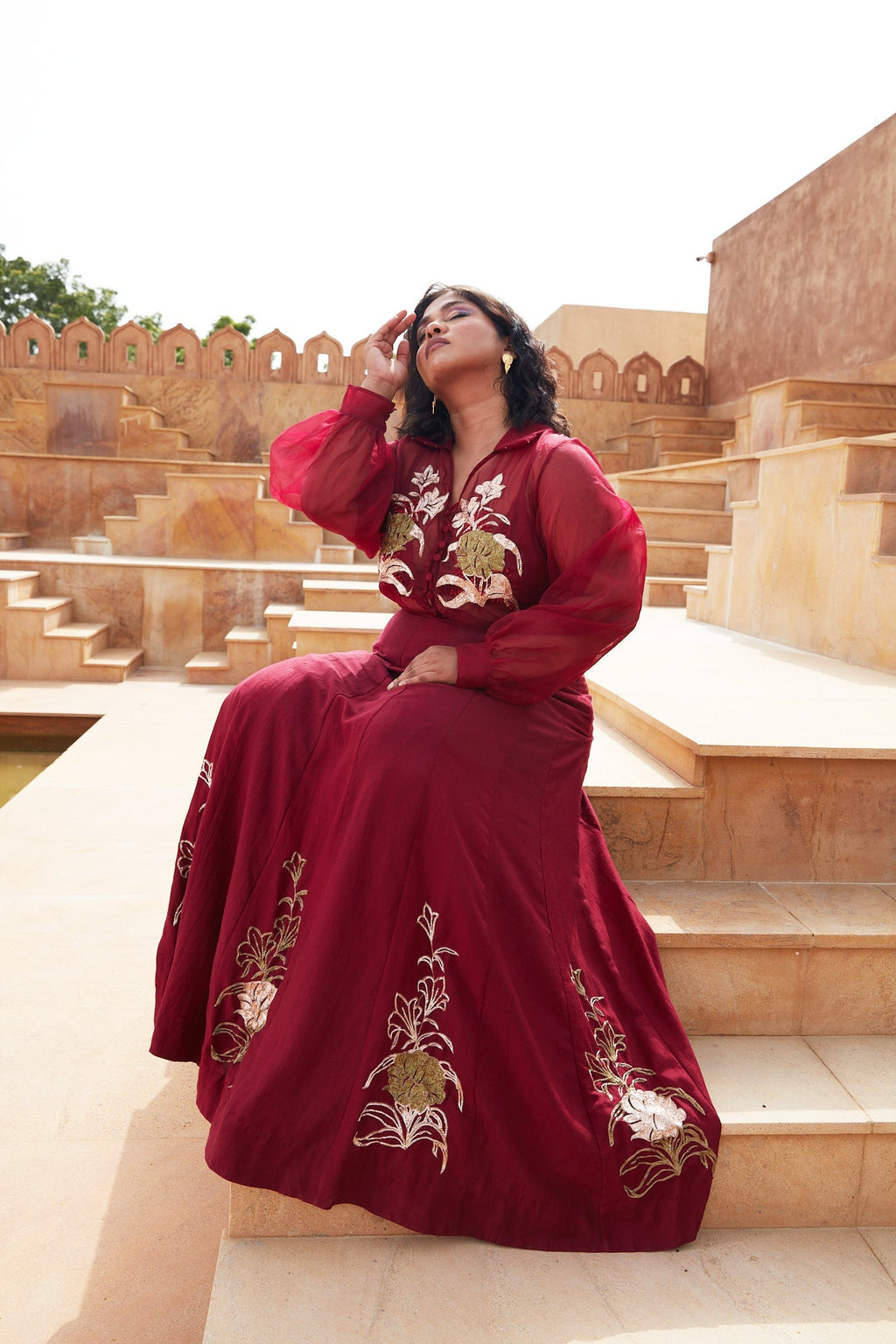 Red Silk Organza Lehenga with Jacket at Kamakhyaa by Chambray & Co.. This item is Chambray & Co, Embroidered, Indian Wear, Lehenga Sets, Natural, Organza, Party Wear, Red, Regular Fit, Riwayat, Womenswear