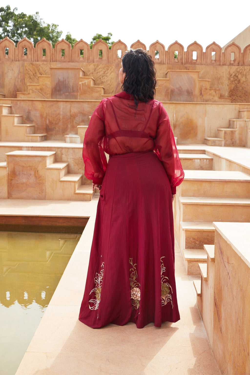 Red Silk Organza Lehenga with Jacket at Kamakhyaa by Chambray & Co.. This item is Chambray & Co, Embroidered, Indian Wear, Lehenga Sets, Natural, Organza, Party Wear, Red, Regular Fit, Riwayat, Womenswear